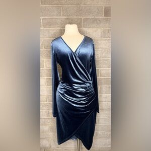 Huhot Velvet Wrap Dress Large Blue Long Sleeve Ruched Midi Bodycon